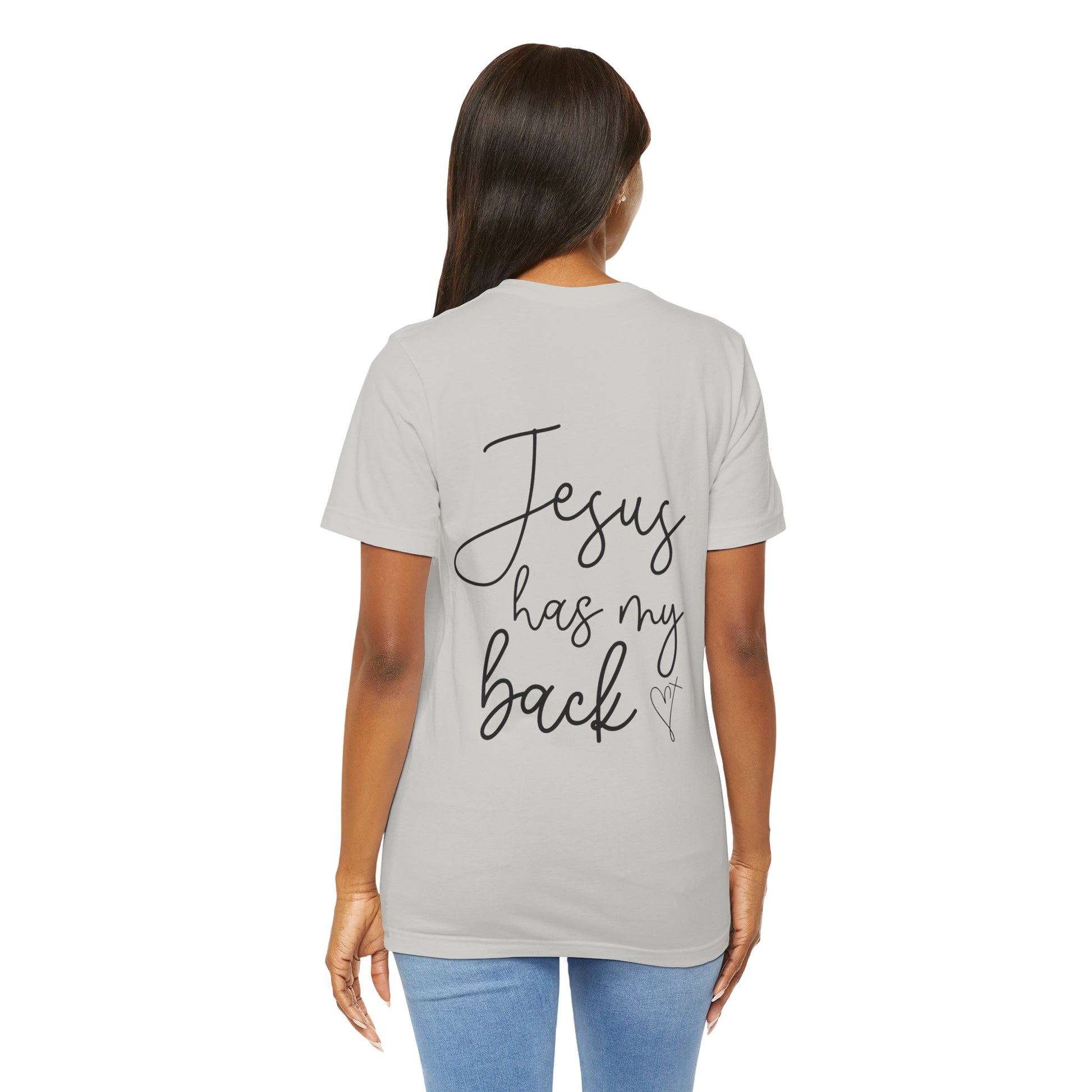 Jesus Has My Back T-Shirt for Christian Women by Lam Tiely Vibe in Grey Color Back View