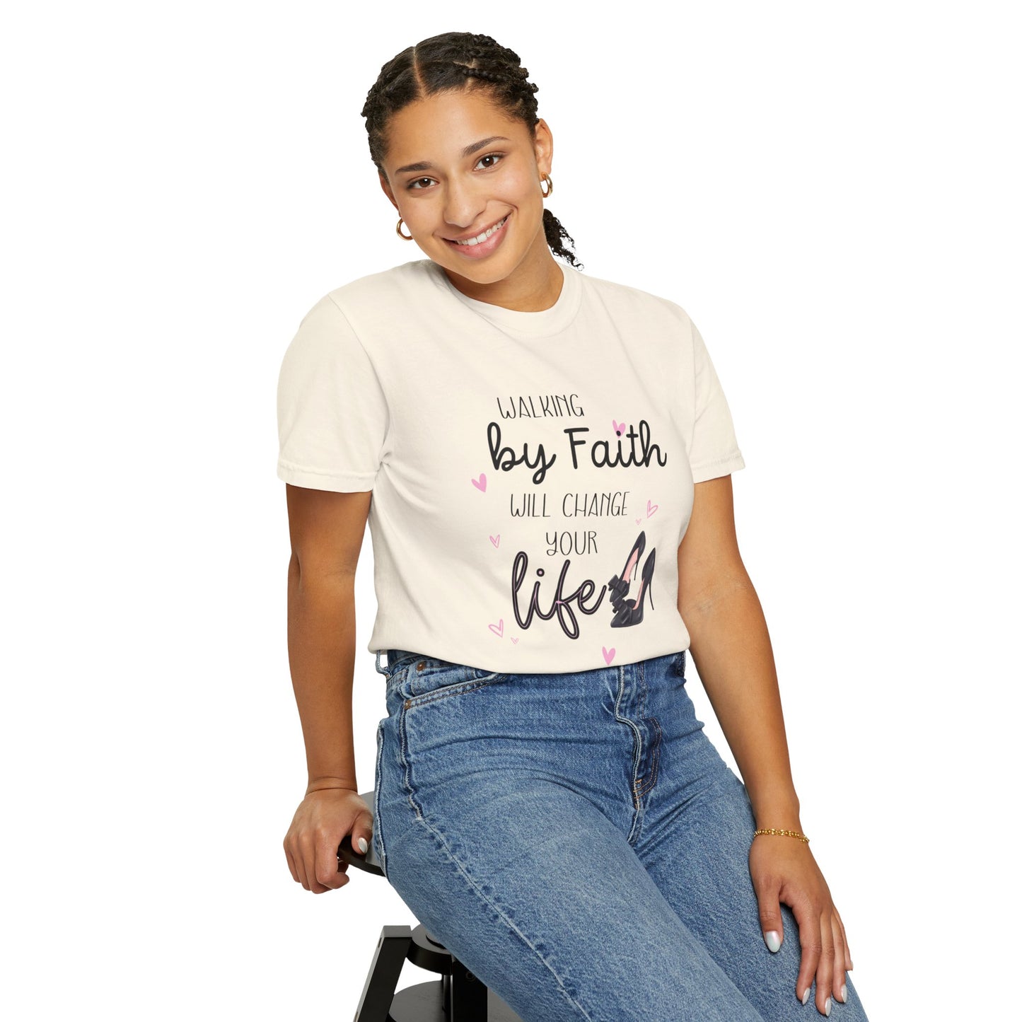 Walking by Faith will change your life T-shirt for Christian Women by Lam Tiely Vibe in Ivory Color Front View