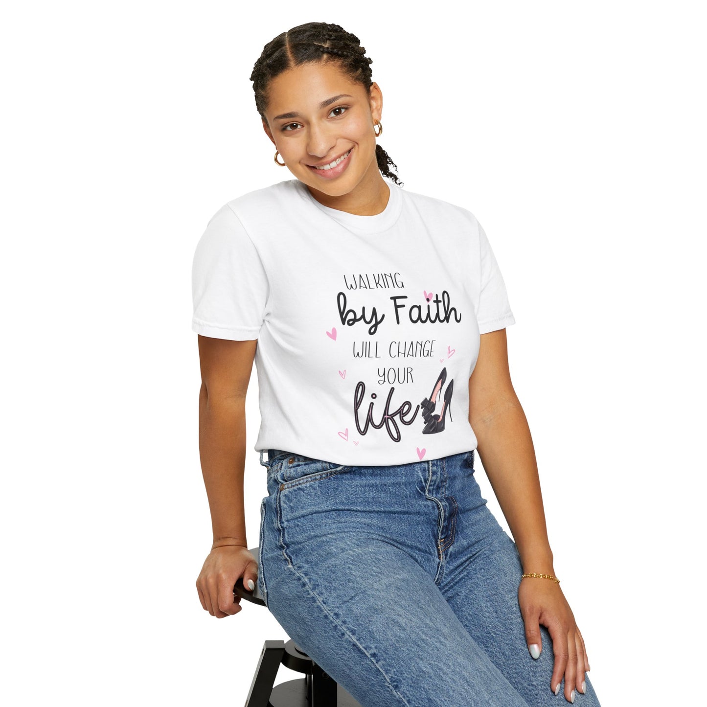 Walking by Faith will change your life T-shirt for Christian Women by Lam Tiely Vibe in White Color Front View