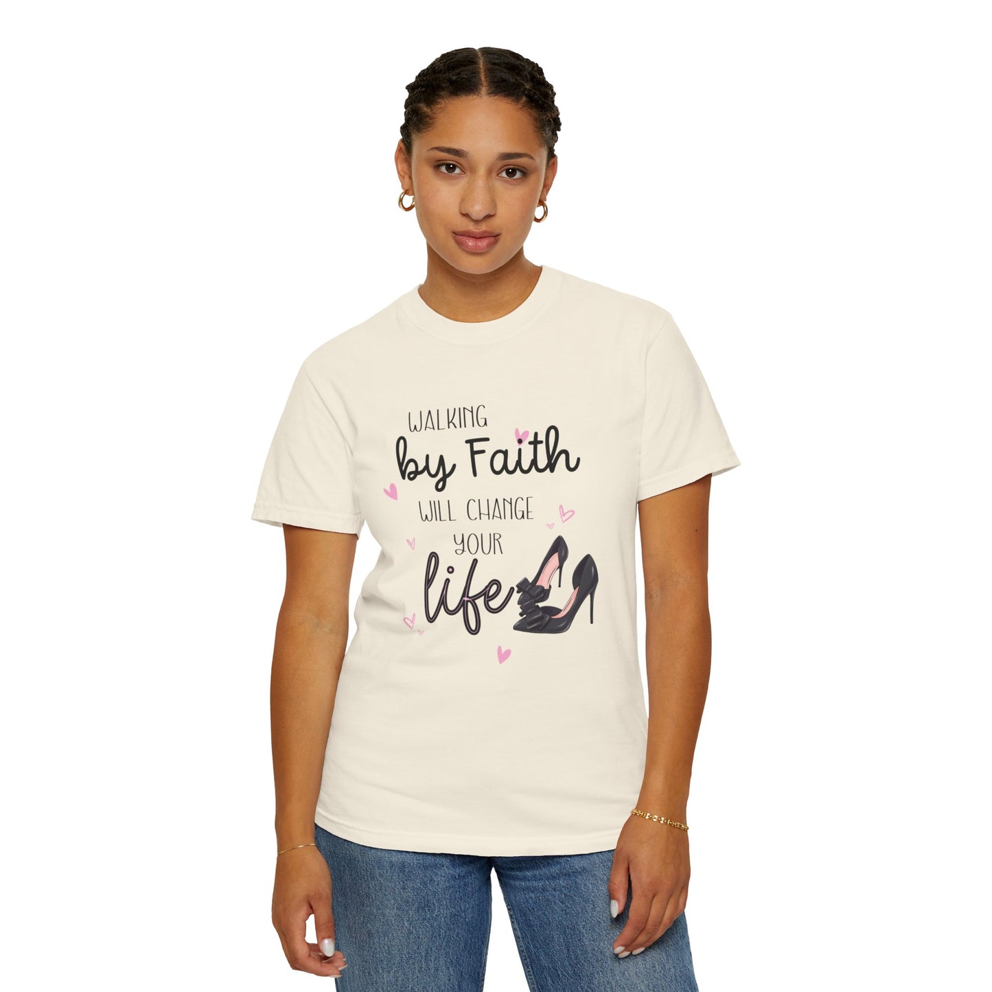 Walking by Faith will change your life T-shirt for Christian Women by Lam Tiely Vibe in Ivory Color Front View