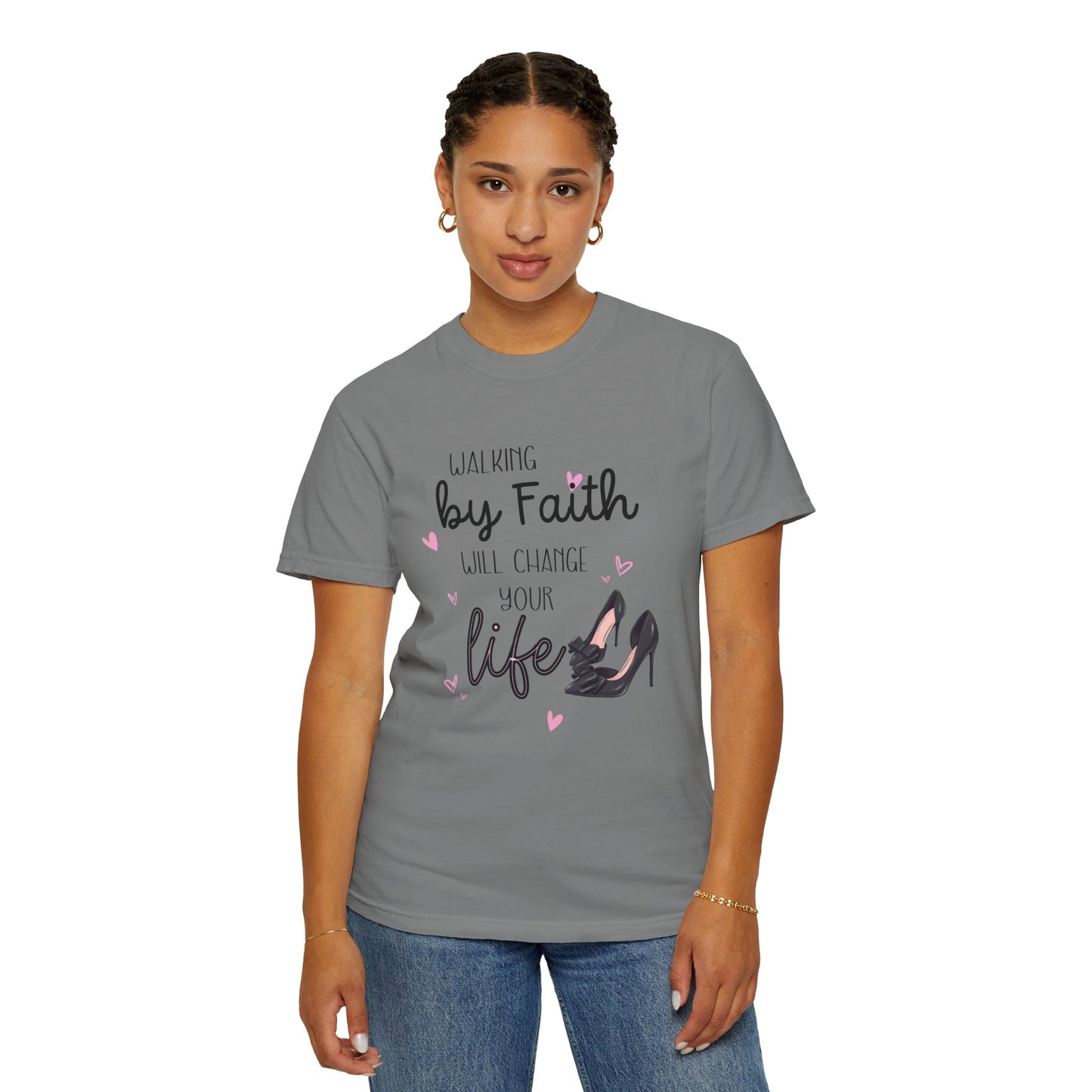 Walking by Faith will change your life T-shirt for Christian Women by Lam Tiely Vibe in Grey Color Front View