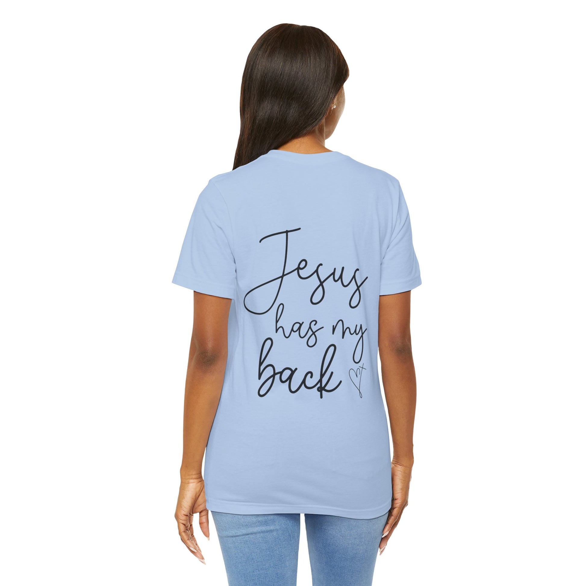 Jesus Has My Back T-Shirt for Christian Women by Lam Tiely Vibe in Light Blue Color Back View