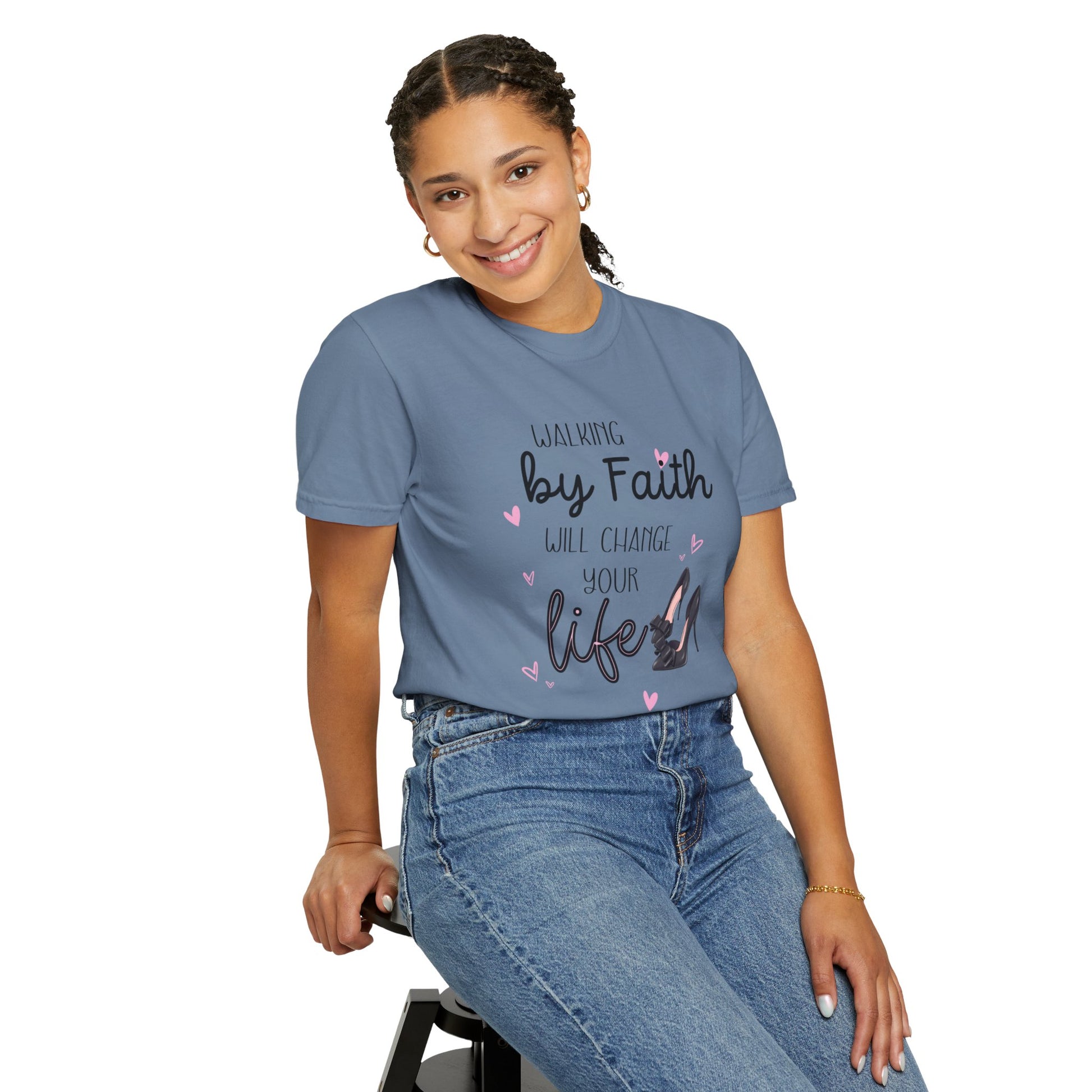 Walking by Faith will change your life T-shirt for Christian Women by Lam Tiely Vibe in Blue Jeans Color Front View