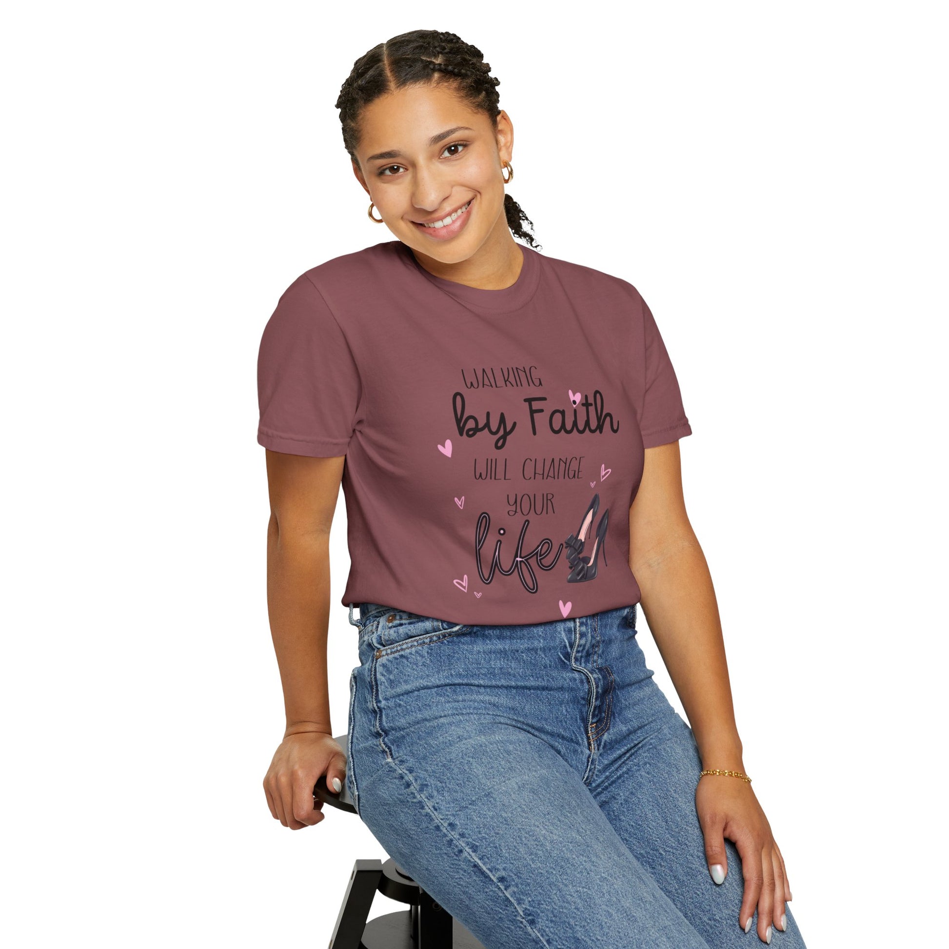 Walking by Faith will change your life T-shirt for Christian Women by Lam Tiely Vibe in Brick Color Front View