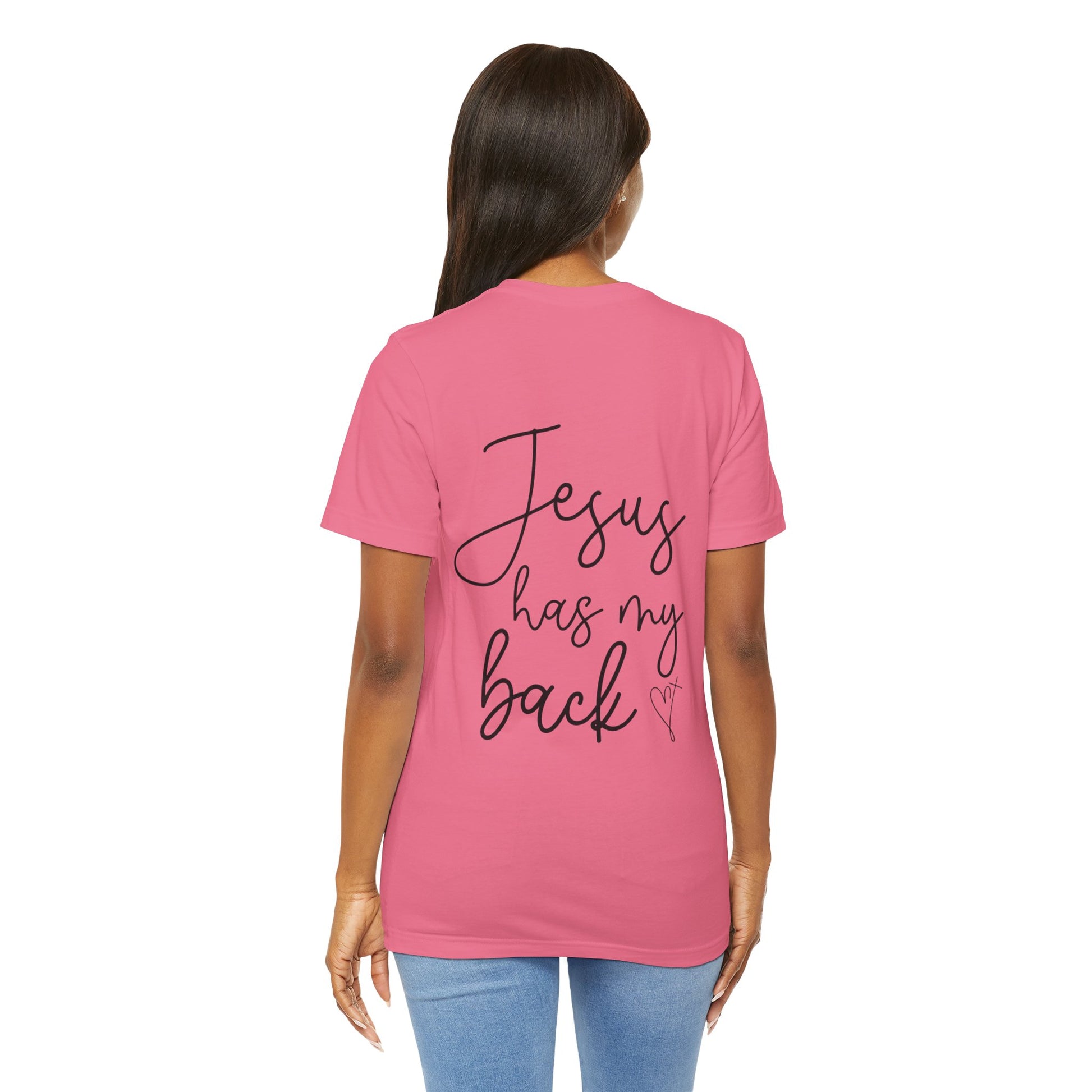 Jesus Has My Back T-Shirt for Christian Women by Lam Tiely Vibe in Pink Color Back View