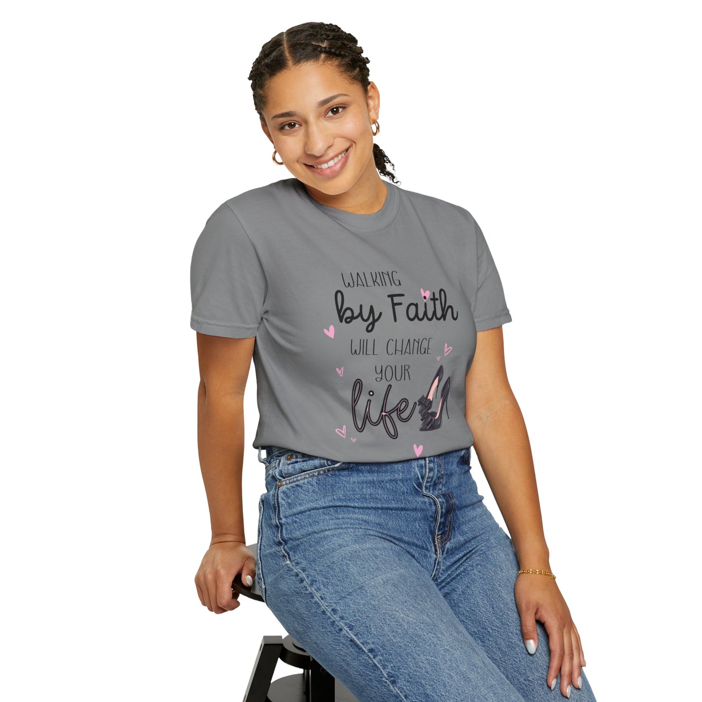 Walking by Faith will change your life T-shirt for Christian Women by Lam Tiely Vibe in Grey Color Front View