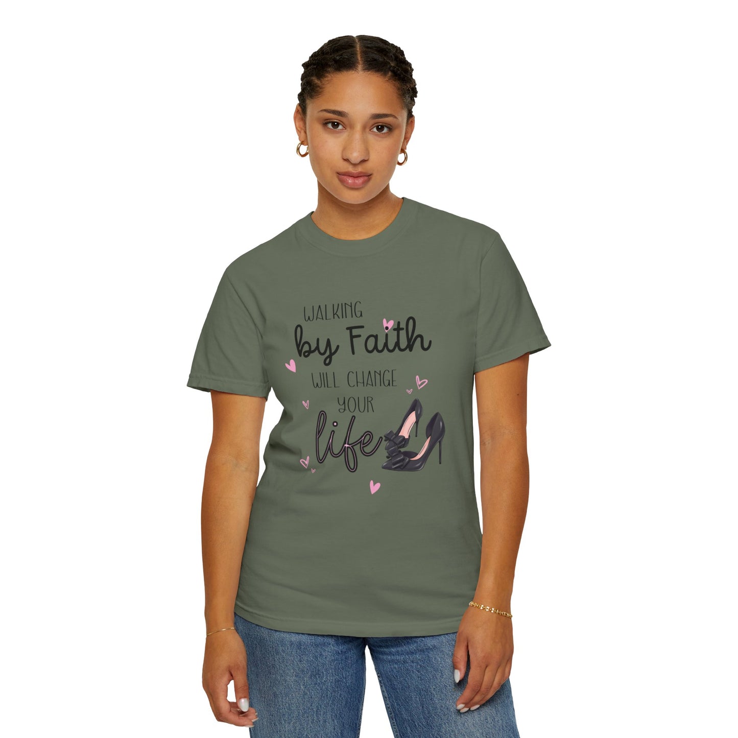 Walking by Faith will change your life T-shirt for Christian Women by Lam Tiely Vibe in Moss Green Color Front View