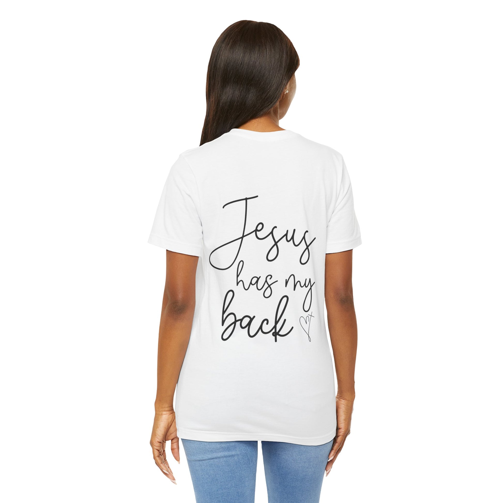 Jesus Has My Back T-Shirt for Christian Women by Lam Tiely Vibe in White Color Back View