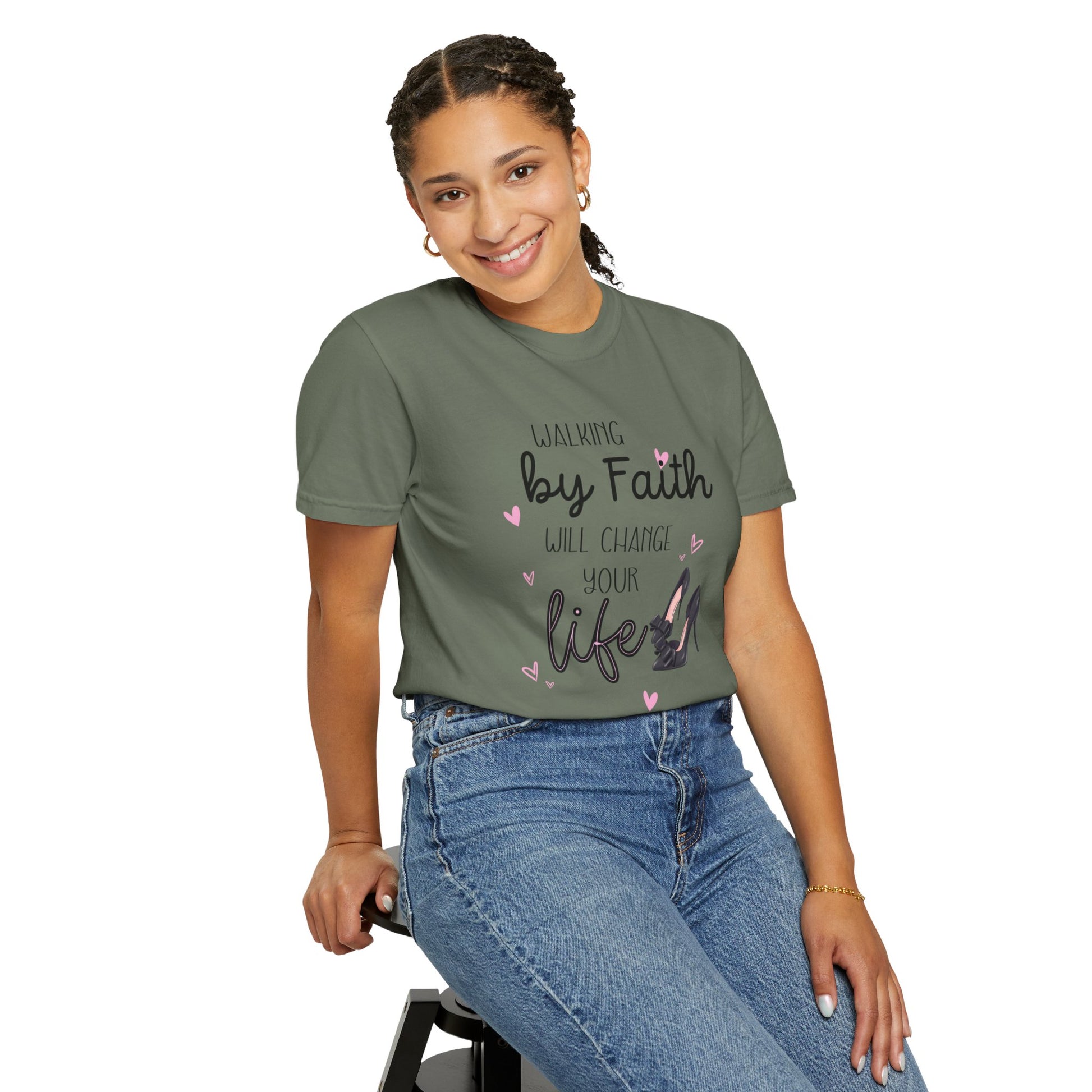 Walking by Faith will change your life T-shirt for Christian Women by Lam Tiely Vibe in Moss Green Color Front View