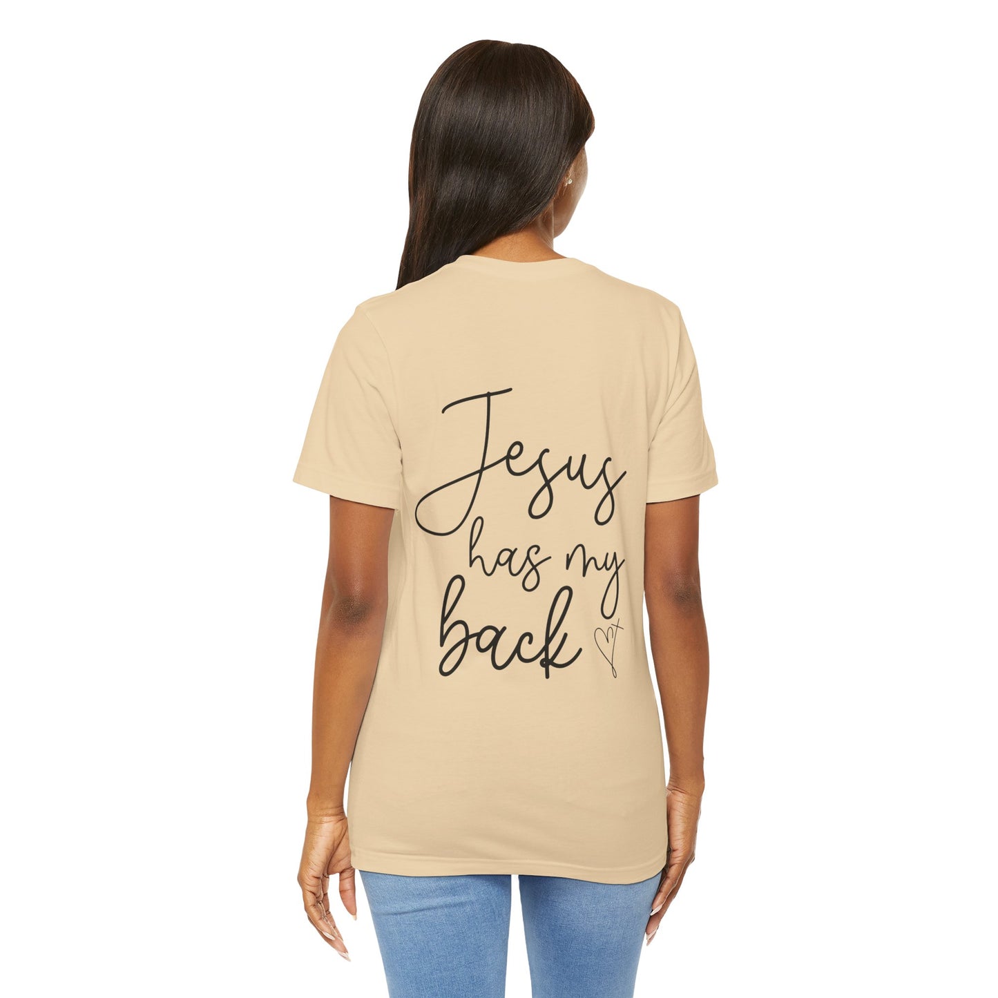 Jesus Has My Back T-Shirt for Christian Women by Lam Tiely Vibe in Soft Beige Color Back View