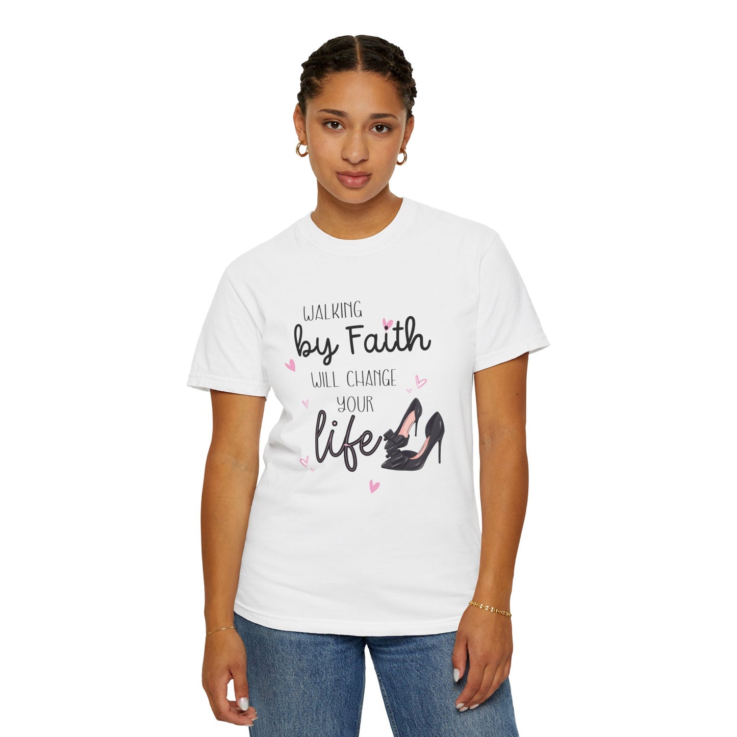 Walking by Faith will change your life T-shirt for Christian Women by Lam Tiely Vibe in White Color Front View