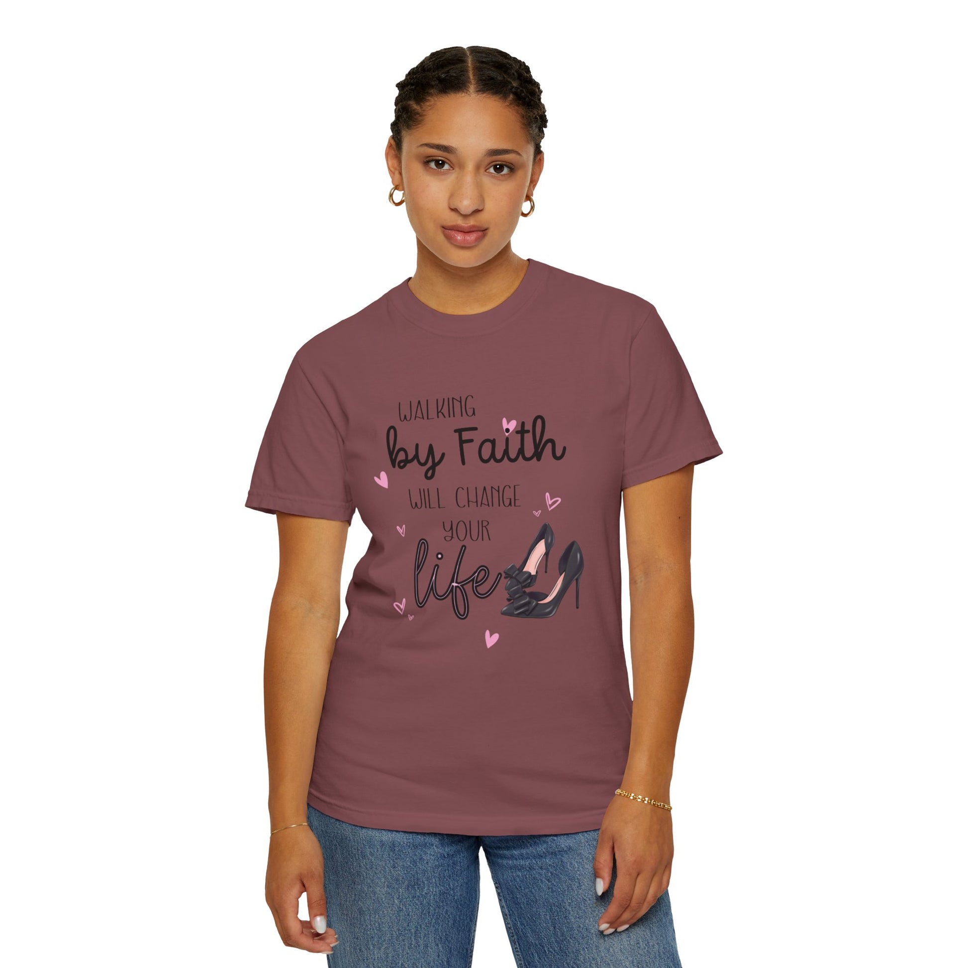 Walking by Faith will change your life T-shirt for Christian Women by Lam Tiely Vibe in Brick Color Front View