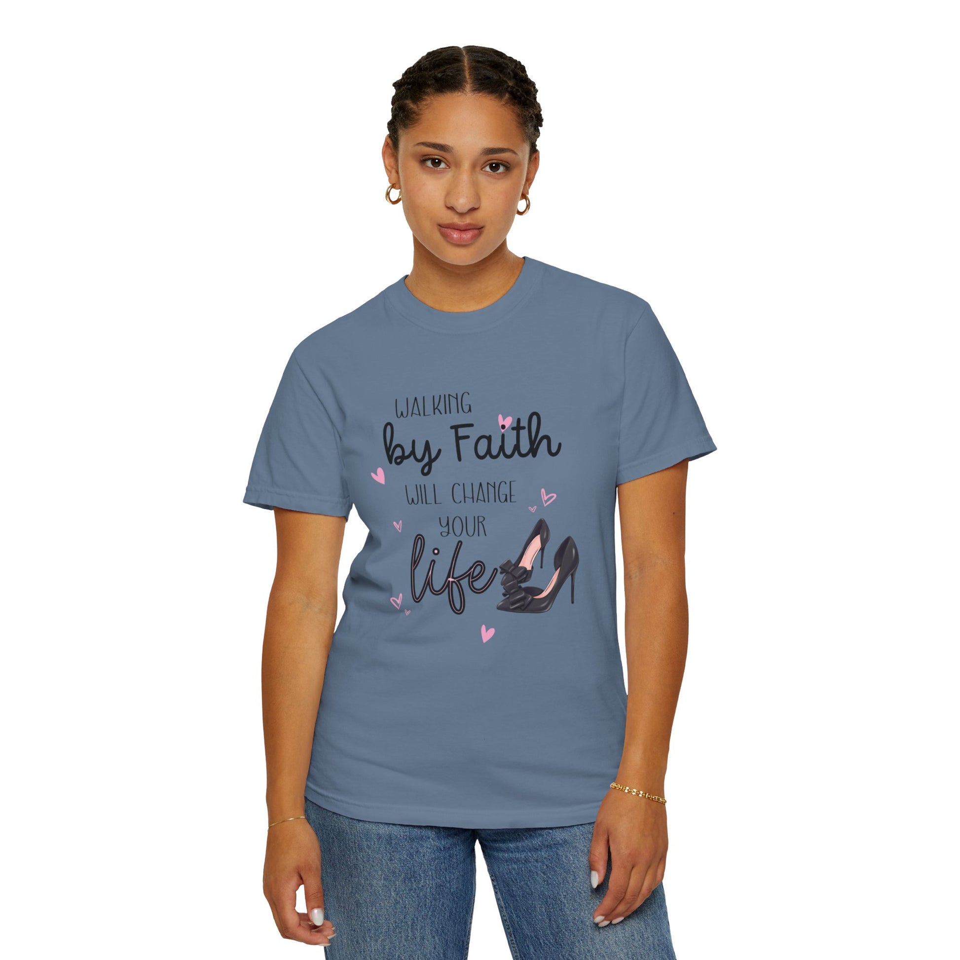 Walking by Faith will change your life T-shirt for Christian Women by Lam Tiely Vibe in Blue Jeans Color Front View